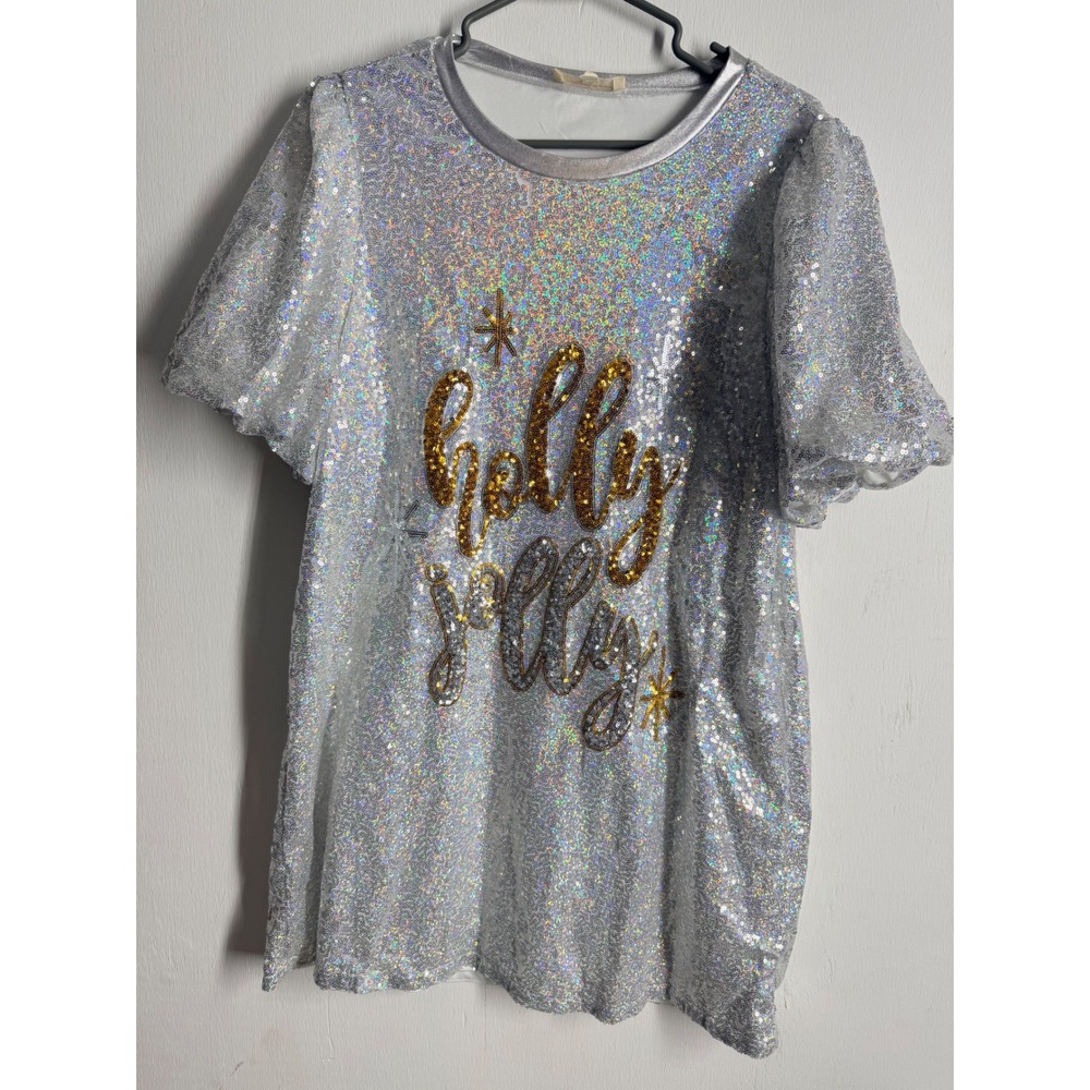 Peach Love California Holly Jolly Sequin Christmas Shirt Silver Holographic L